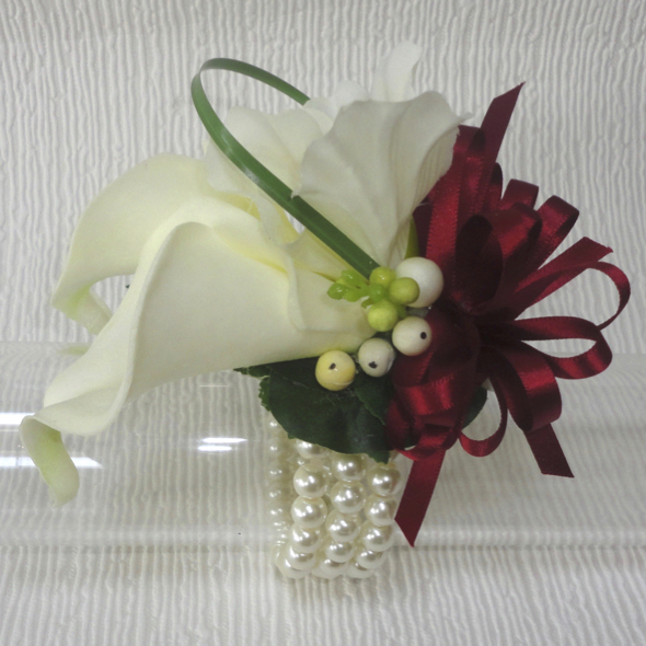 Burgundy & Ivory Calla Lily & Freesia Wrist Corsage